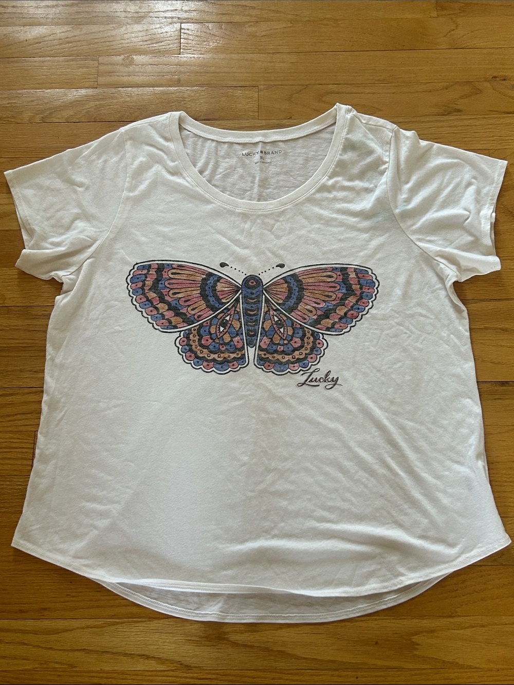 Lucky Brand White Short Sleeve Tee with Multicolor Butterfly XL